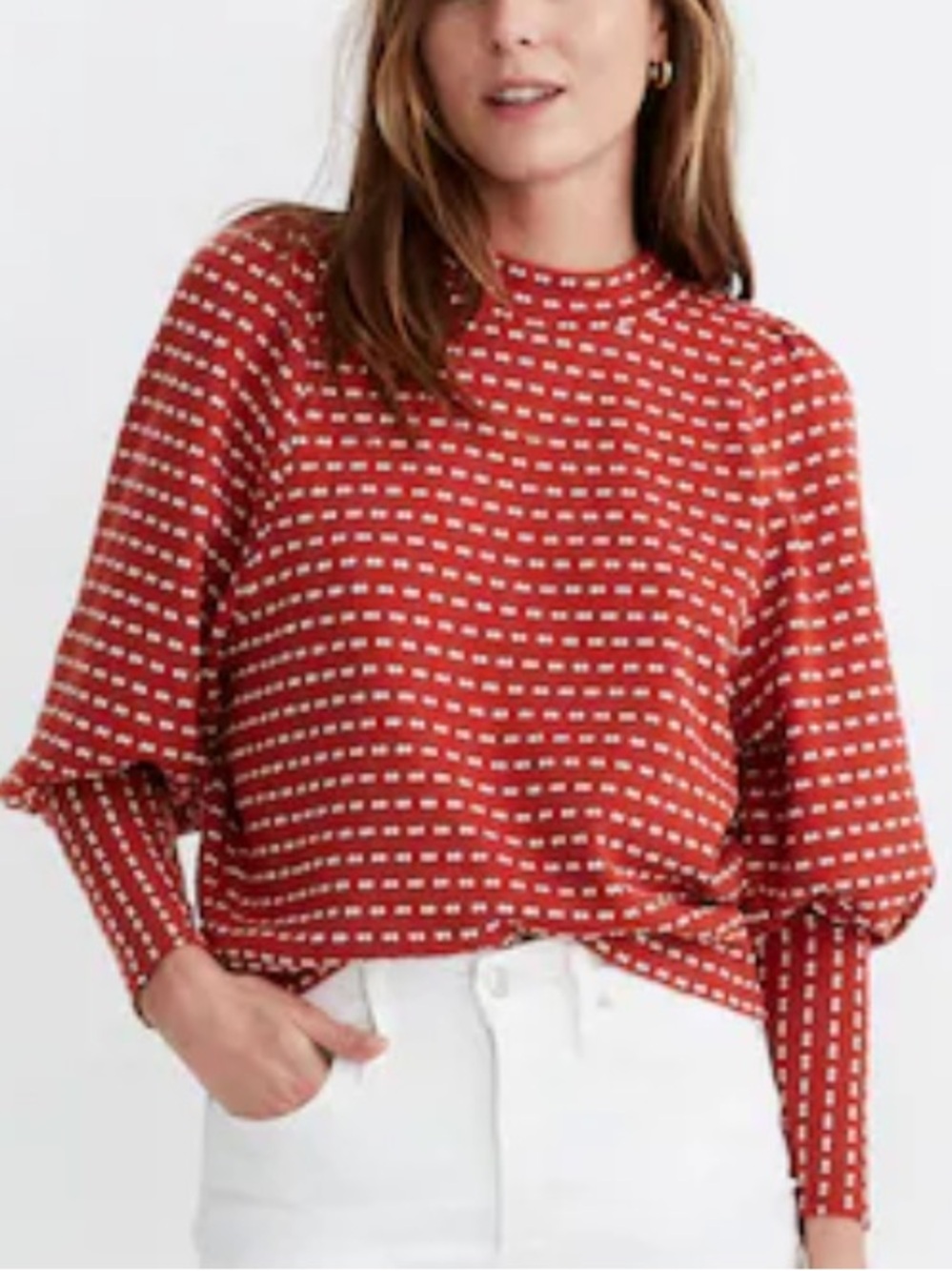 Madewell Puff-Sleeve Mockneck Top Bow-Tie Jacquard Etruscan Clay Cotton Blend XS